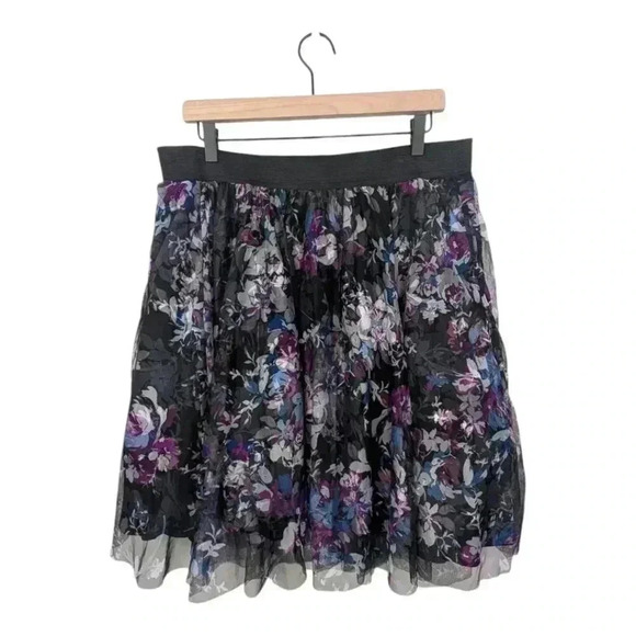 Torrid Women's Skirt Black Purple Floral Tulle Mesh Overlay Skater Full Size 0X - Picture 3 of 15